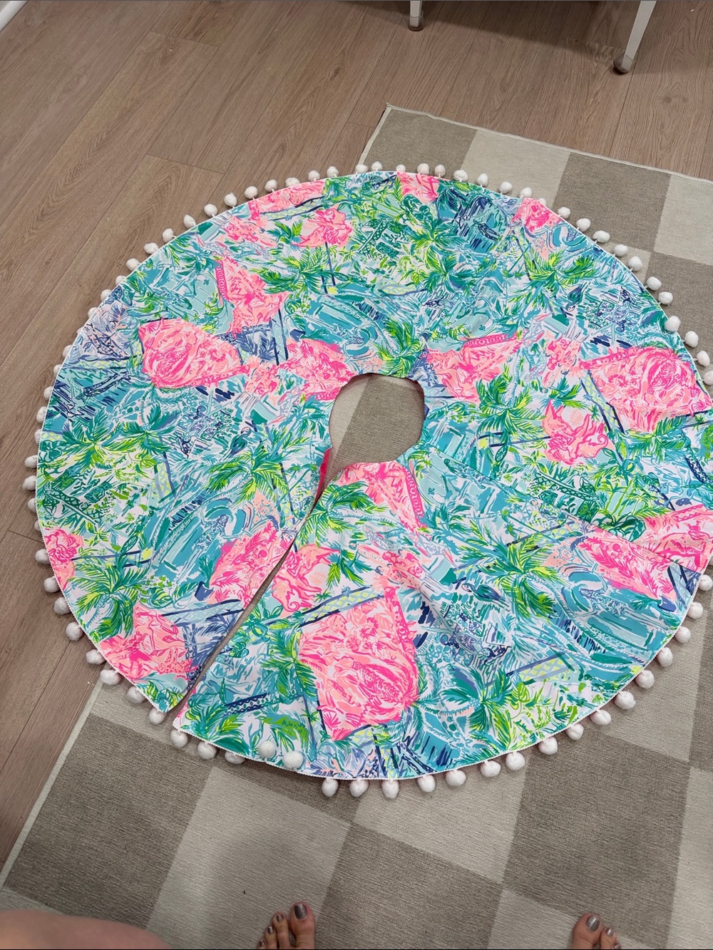 Lilly Pulitzer Pink Blue Green Holiday Tree Skirt with Pom Trim